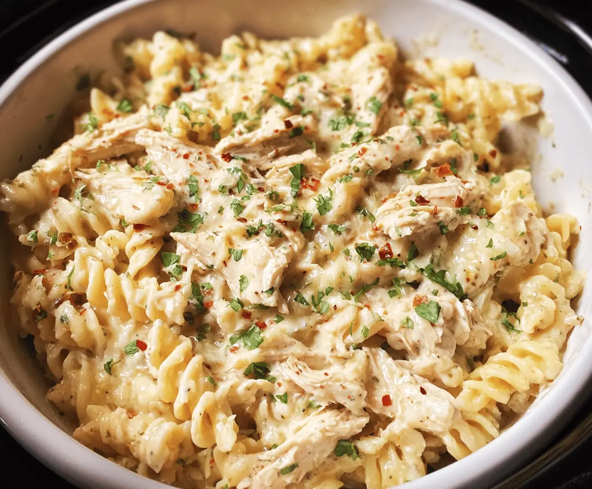 Easy Crockpot Garlic Parmesan Chicken Pasta Recipe