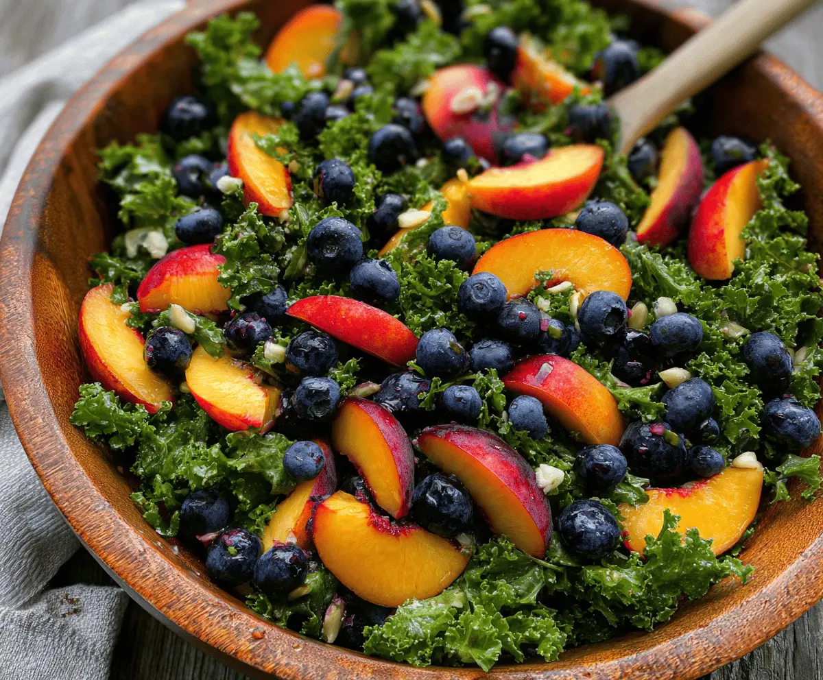 Easy Summer Peach and Blueberry Kale Salad