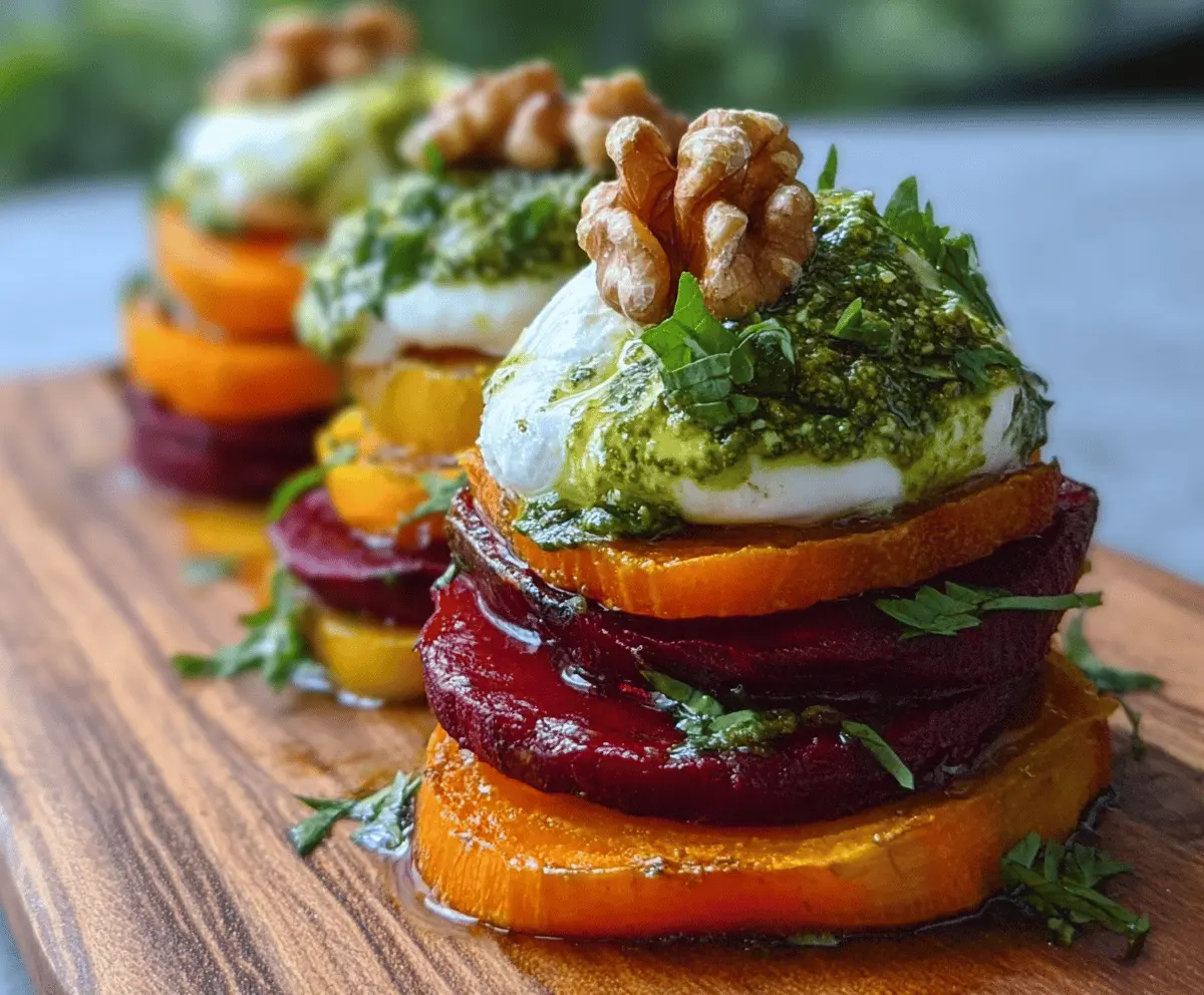 Sweet Potato Beet Stacks with Pesto and Burrata
