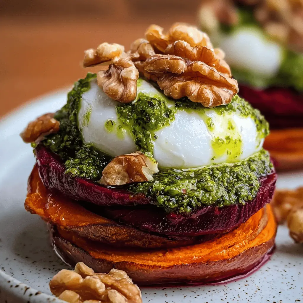 Sweet Potato Beet Stacks with Pesto and Burrata