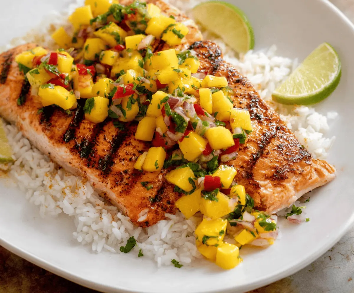 Grilled Salmon with Fresh Mango Salsa and Creamy Coconut Rice