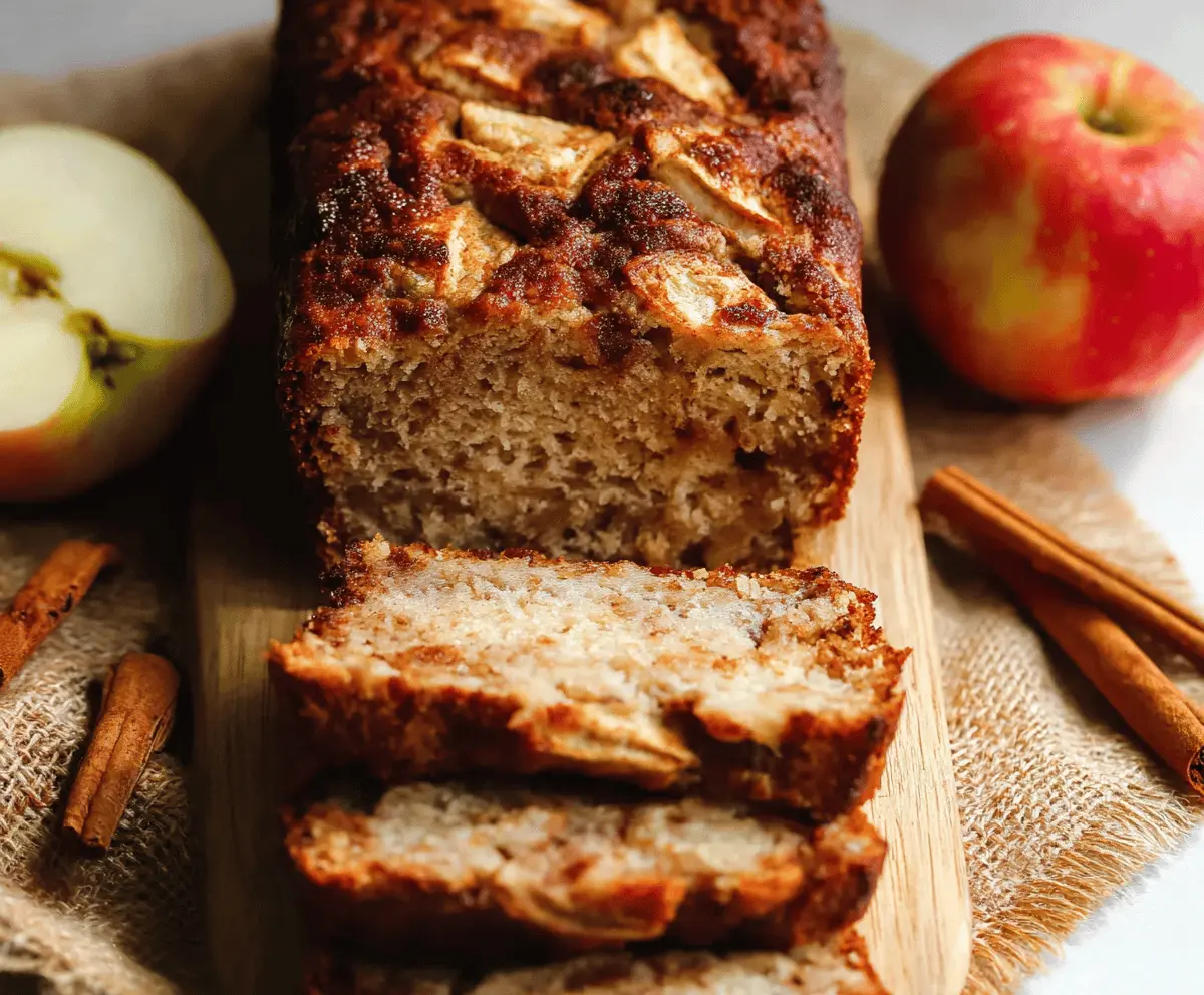 Sweet and fragrant apple cinnamon bread sliced to showcase moist crumb with chunks of fresh apples and a cinnamon swirl topping