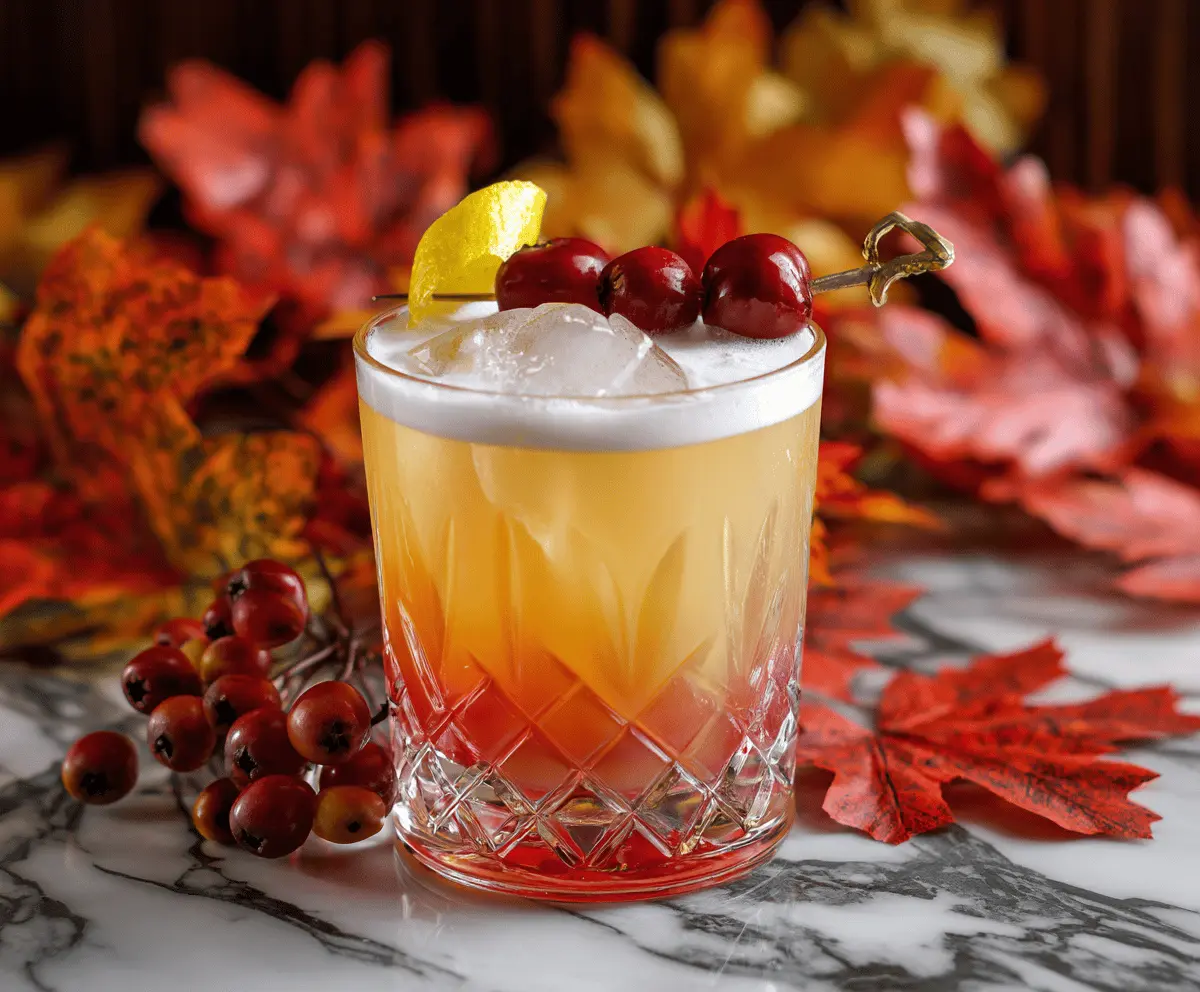 Refreshing Autumn Gin Sour cocktail garnished with a slice of orange and a sprig of rosemary, served in a cocktail glass with autumn-themed decorations.