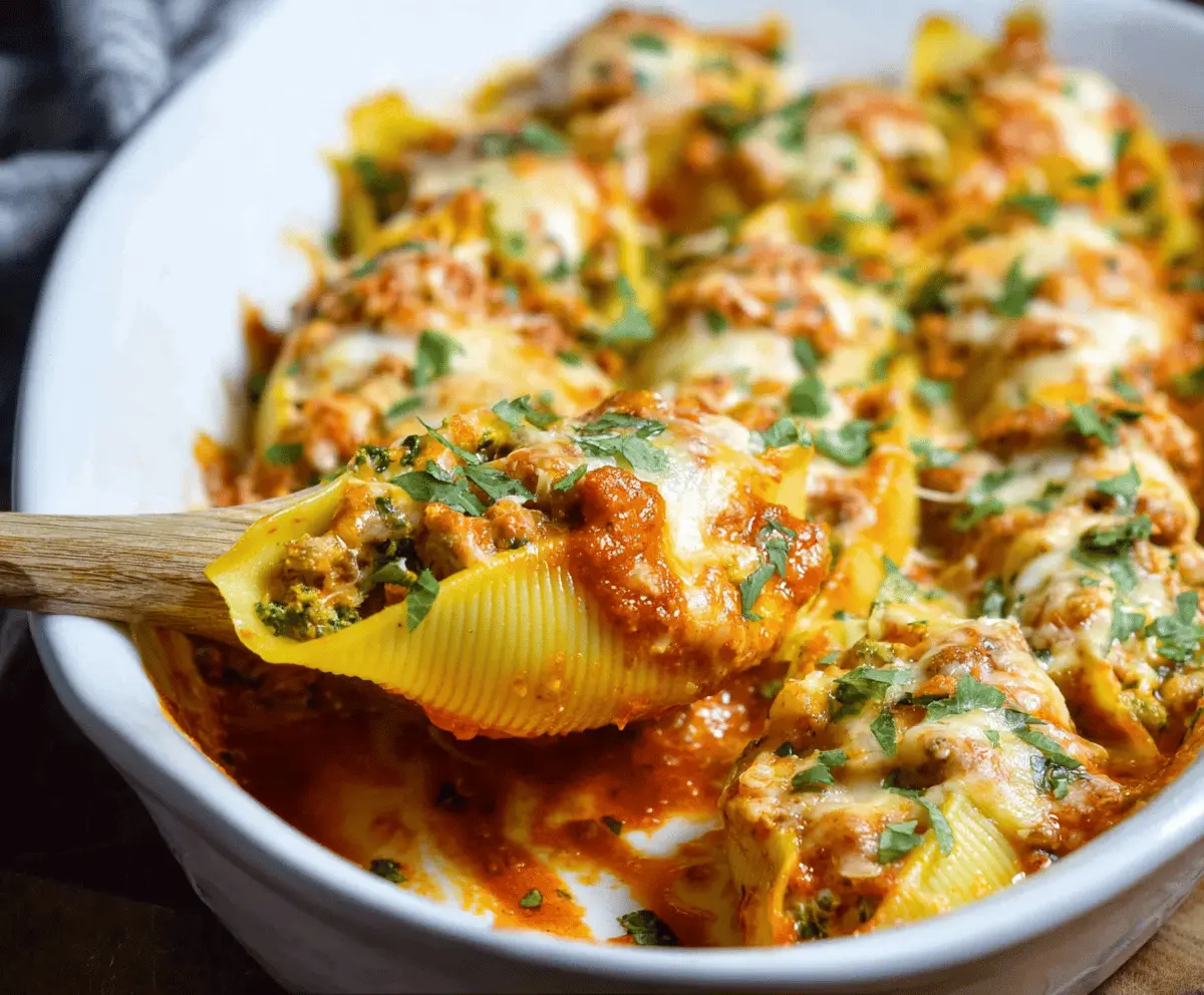 Delicious cheesy pumpkin and spicy sausage stuffed shells topped with melted cheese, perfect for a cozy fall dinner.