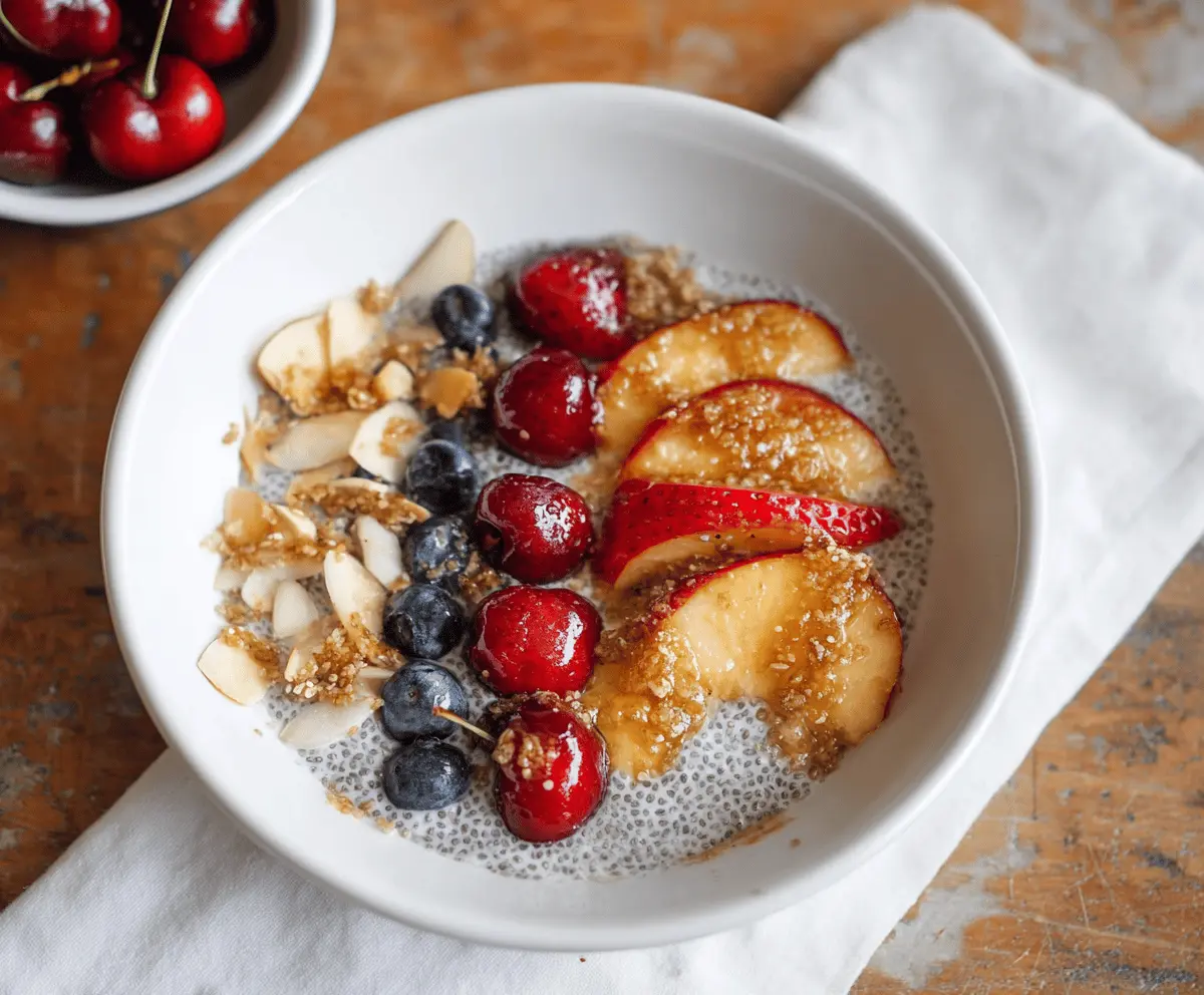 Healthy chia yogurt breakfast bowl topped with fresh fruit, nuts, and seeds for a nutritious start to your day