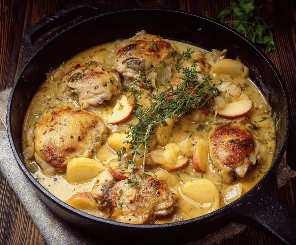 Delicious Chicken Normandy with apples and herbs in a creamy French apple cider sauce, perfect for a flavorful French-inspired dinner.