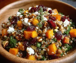 Bright and colorful autumn harvest grain salad with cranberries, fresh vegetables, and herbs in a bowl.