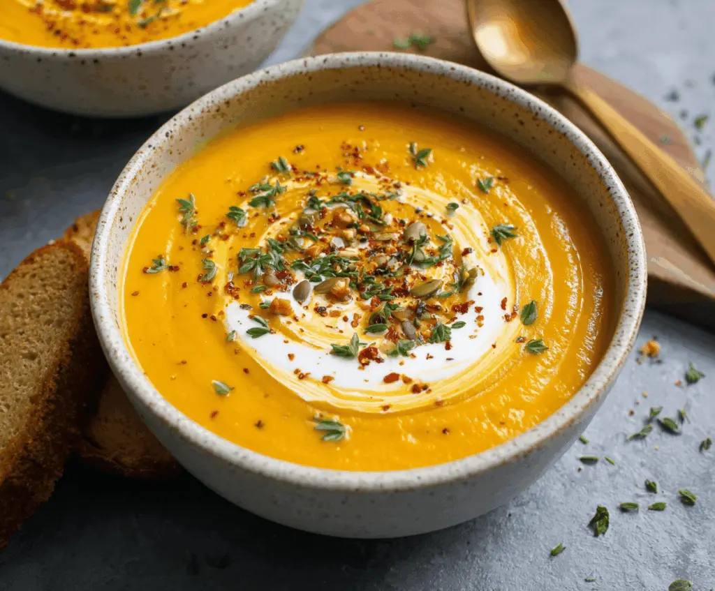 Creamy butternut squash soup garnished with fresh herbs in a white bowl on a rustic wooden table, perfect for a cozy fall meal