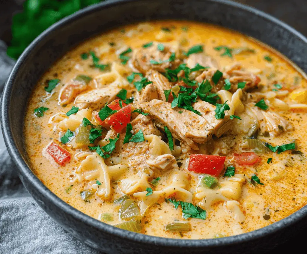 Creamy Parmesan Cajun Chicken Pasta Soup with tender chicken, pasta, and a spicy Cajun seasonings in a rich, cheesy broth