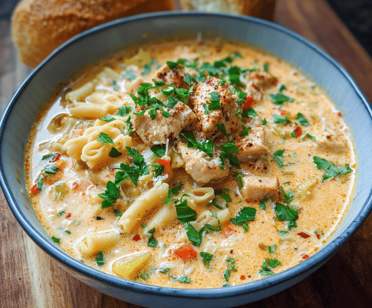 Creamy Parmesan Cajun Chicken Pasta Soup