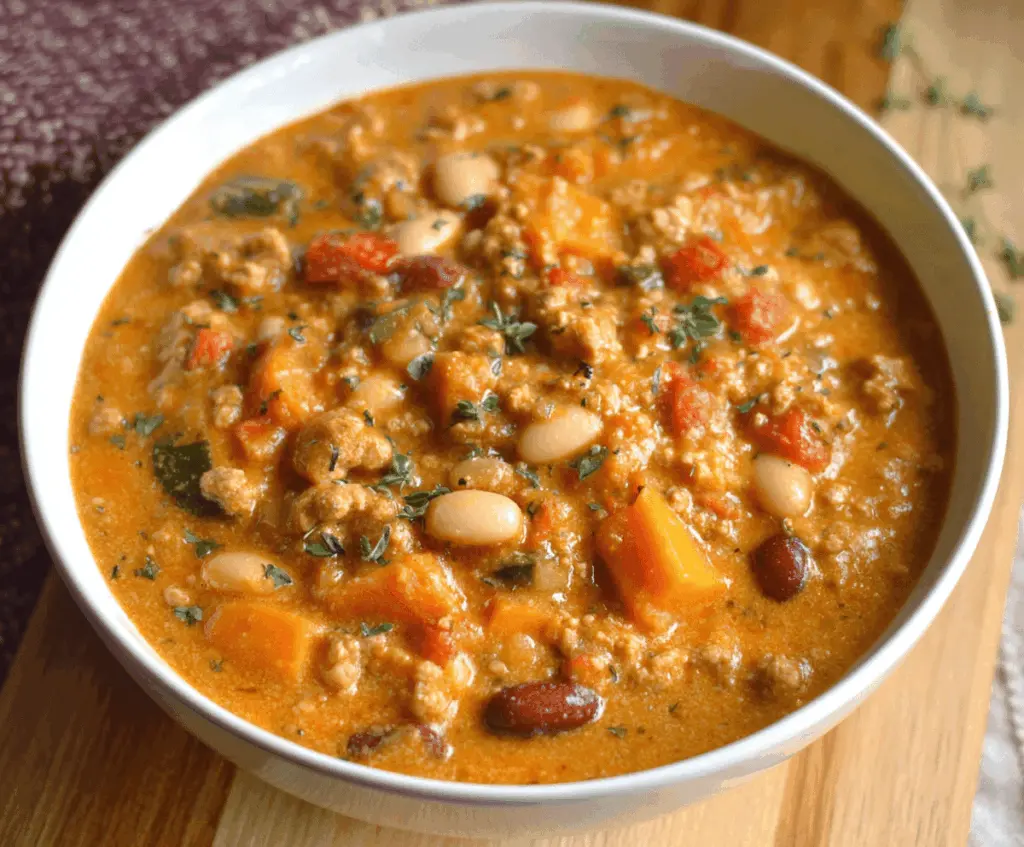 A bowl of creamy turkey pumpkin chili garnished with fresh herbs, served with crusty bread on the side, highlighting a warm and hearty fall-inspired meal.