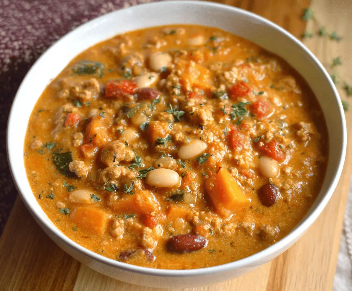 A bowl of creamy turkey pumpkin chili garnished with fresh herbs, served with crusty bread on the side, highlighting a warm and hearty fall-inspired meal.
