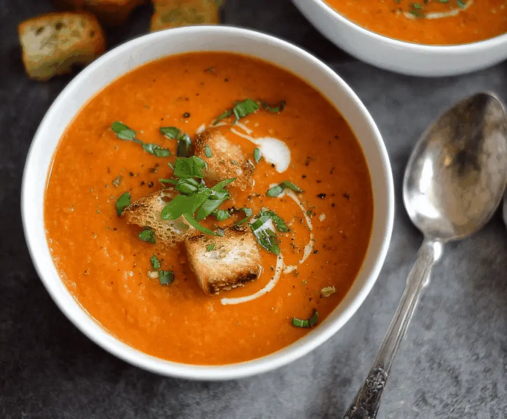 Creamy tomato soup in a bowl topped with fresh basil and a swirl of cream, served with crusty bread on a rustic wooden table.