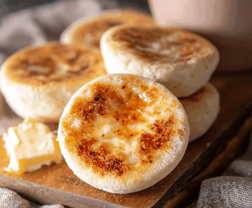 Golden homemade English muffins with perfect crannies, ready to enjoy for breakfast or sandwiches.