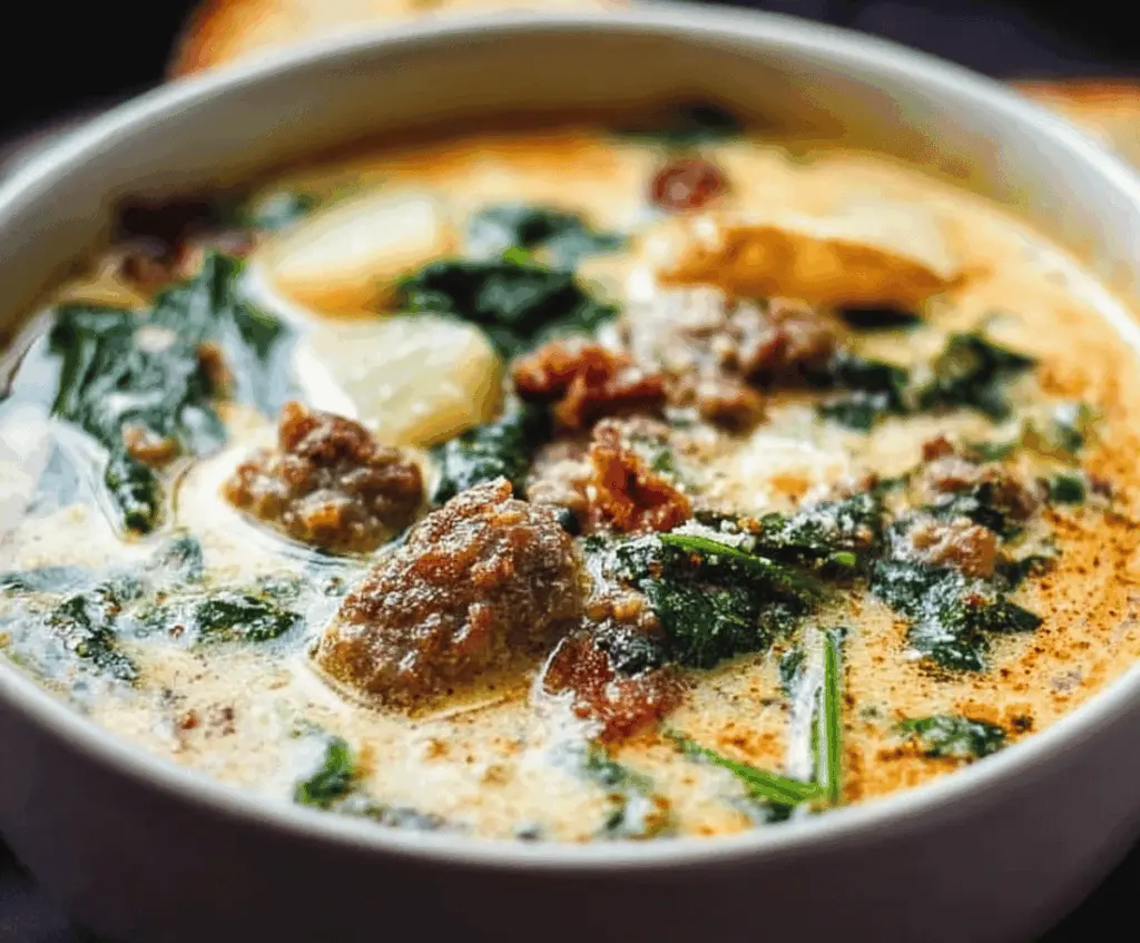 Creamy Zuppa Toscana soup with Italian sausage, kale, potatoes, and garlic in a bowl, perfect for a comforting and easy-to-make meal