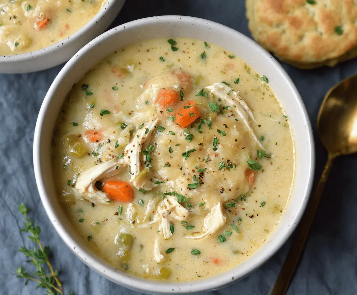Creamy healthy chicken pot pie soup in a bowl garnished with fresh herbs and vegetables, perfect for a comforting and nutritious meal
