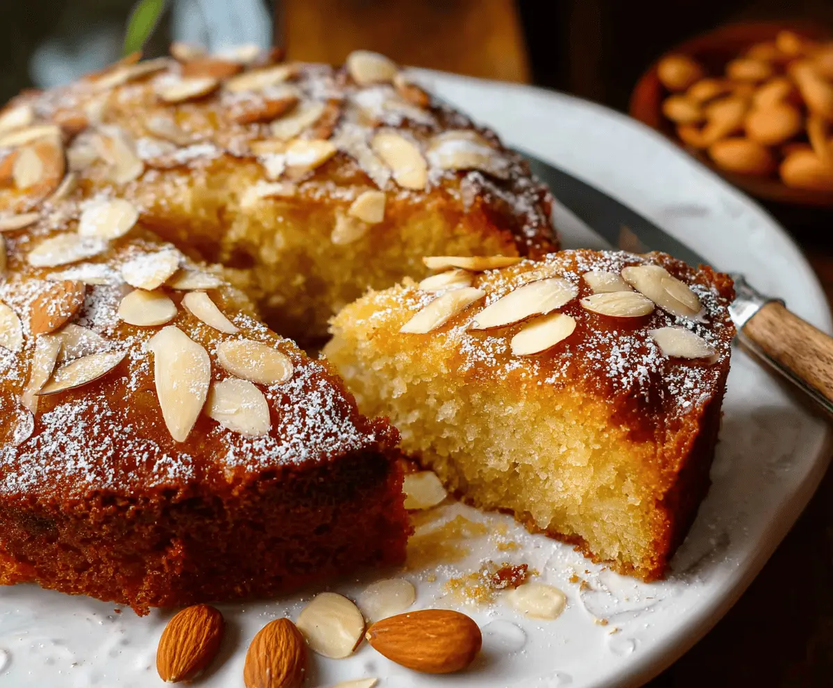 Delicious honey-soaked gluten-free almond cake topped with sliced almonds and fresh berries, perfect for a gluten-free dessert