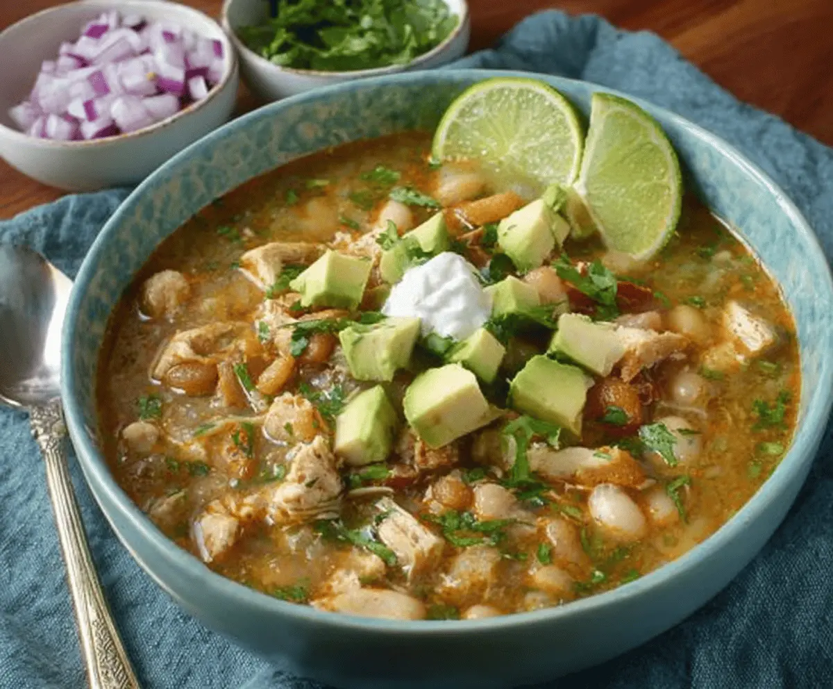 Savory Lime Chicken Chili served in a bowl with fresh cilantro and lime wedges, featuring tender shredded chicken and a vibrant chili-lime broth
