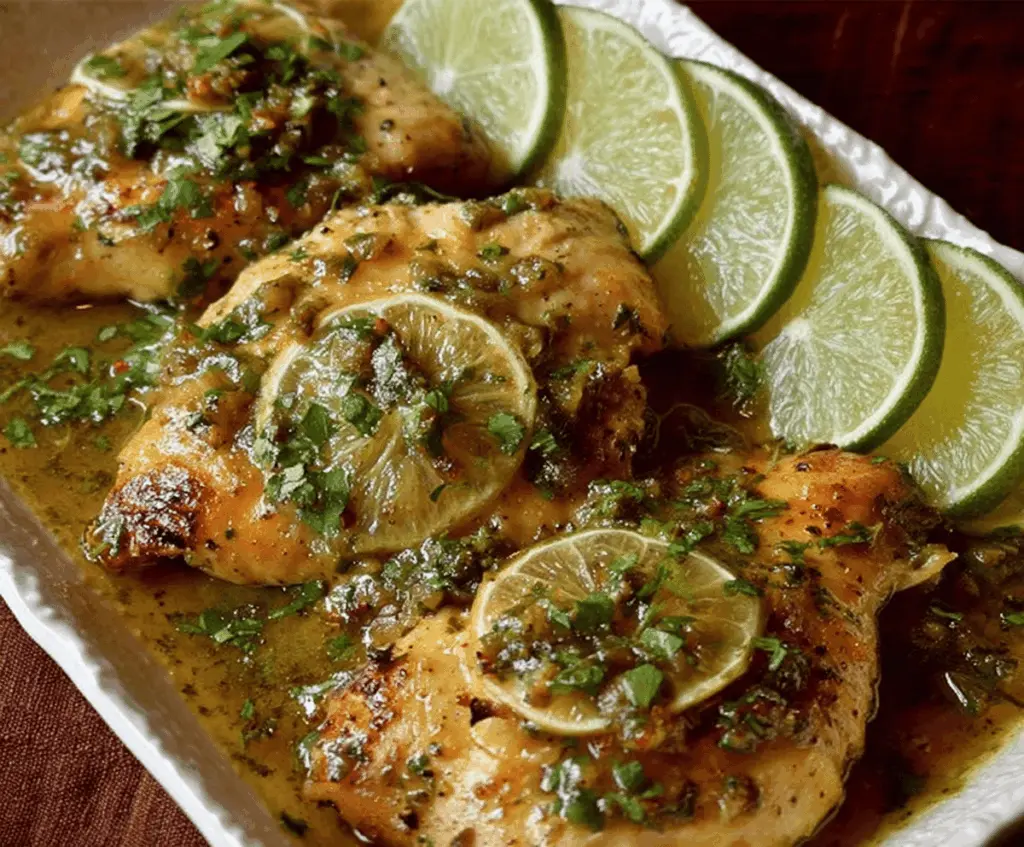 Juicy lime green chili chicken garnished with fresh herbs on a white plate, ready to serve
