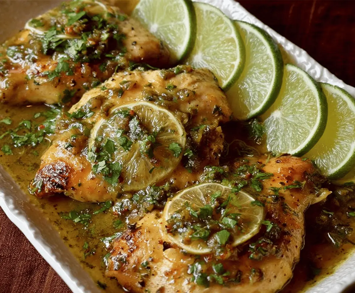 Juicy lime green chili chicken garnished with fresh herbs on a white plate, ready to serve