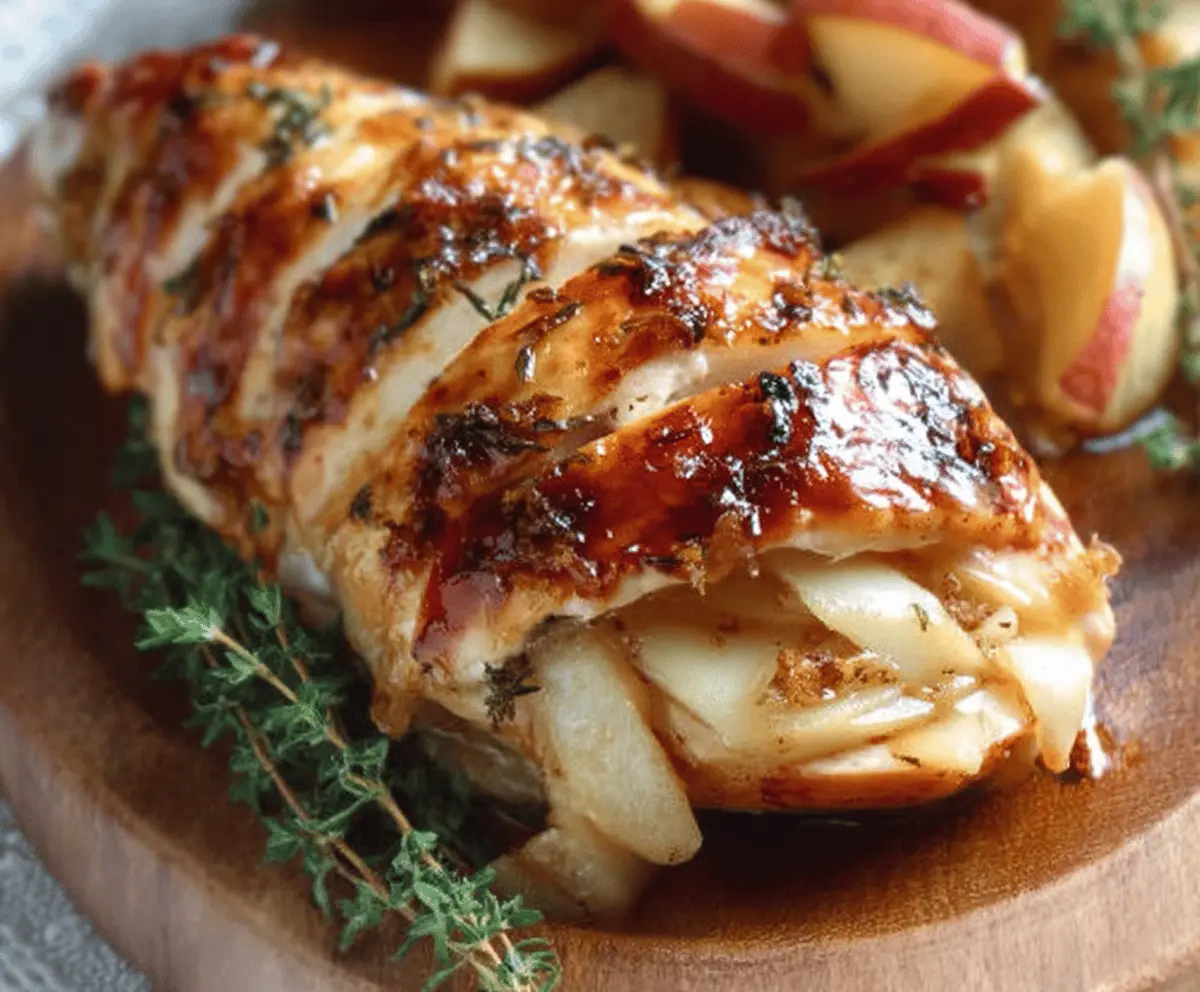 Juicy chicken breast stuffed with melted Brie cheese and sweet caramelized apples, topped with a glossy maple glaze, served on a plate with fresh herbs.