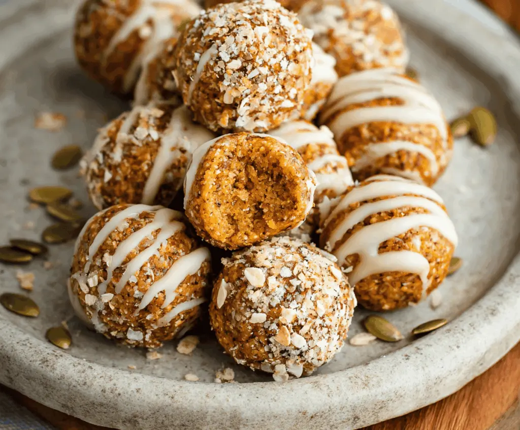 No-Bake Pumpkin Pie Energy Balls on a white plate with cinnamon and pumpkin seeds, healthy fall snack bites