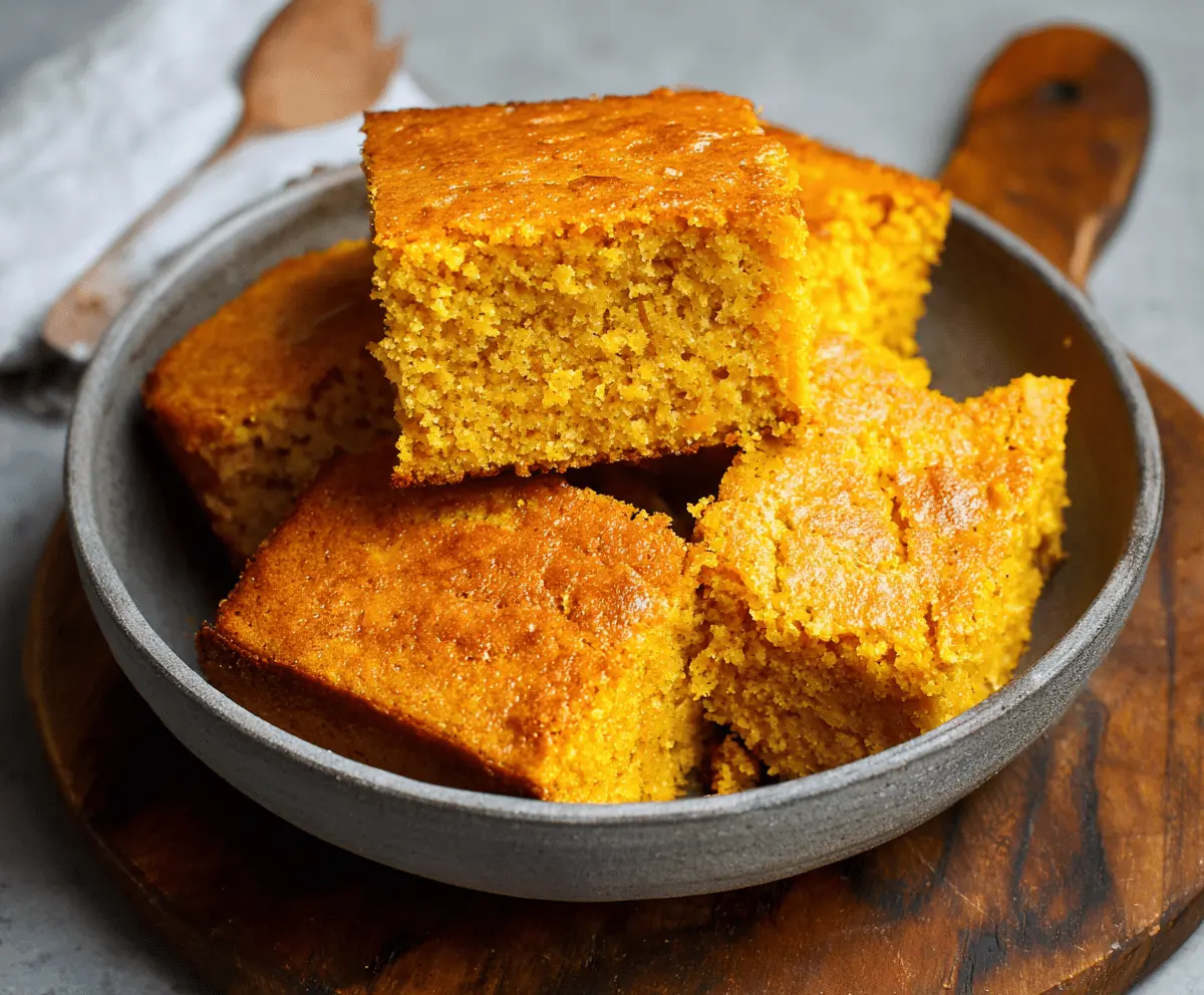 Delicious one-bowl sweet potato cornbread fresh out of the oven, golden brown and moist, perfect for a cozy meal.