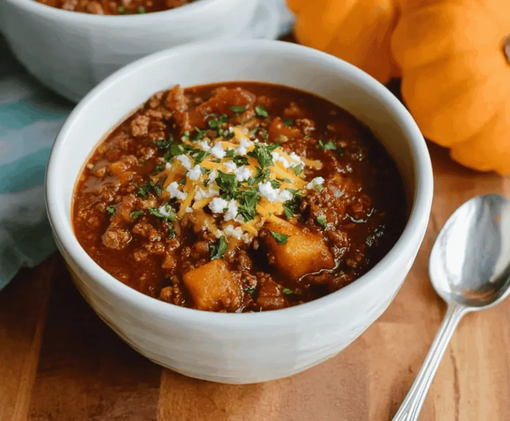 Delicious Paleo Pumpkin Chili served in a bowl with fresh herbs, showcasing a hearty, healthy, and flavorful autumn-inspired meal.