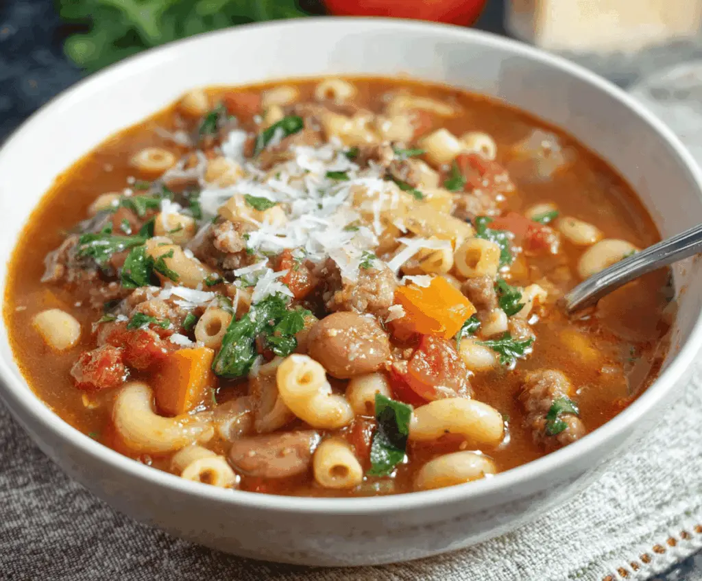 Hearty Pasta Fagioli soup with sausage, beans, and vegetables in a bowl, garnished with fresh herbs.