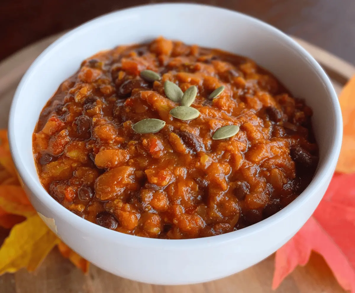 Savory bowl of homemade pumpkin chili topped with shredded cheese and fresh herbs, ready to serve