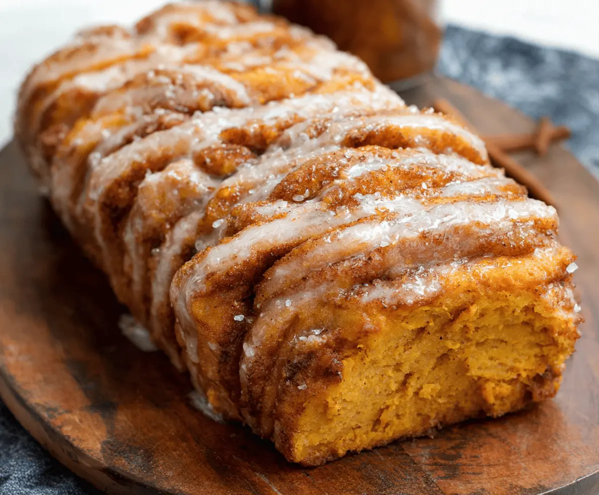 Delicious Pumpkin Pull-Apart Loaf topped with cinnamon and glazed with icing, served fresh on a rustic wooden surface.