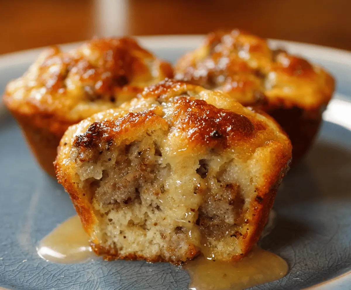 Delicious sausage pancake muffins topped with fresh herbs, served on a plate, perfect for breakfast or brunch.