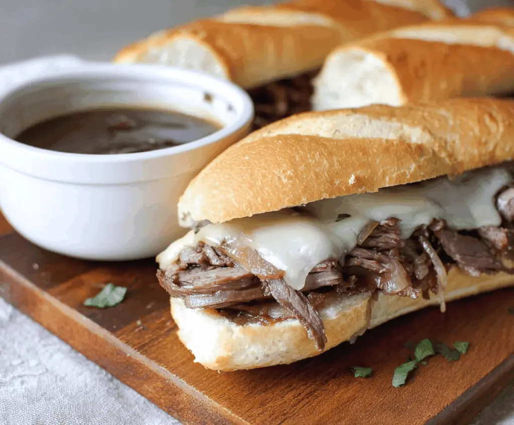 Savory Slow Cooker French Dip Sandwiches with tender roast beef, melted cheese, and toasted hoagie buns served with flavorful au jus sauce