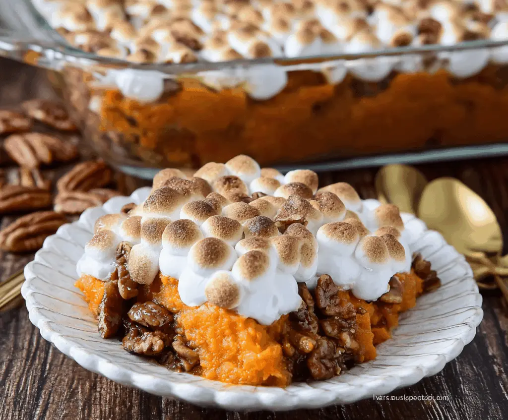 Creamy sweet potato casserole topped with toasted marshmallows and pecans, served in a rustic baking dish, perfect for Thanksgiving and holiday dinners.