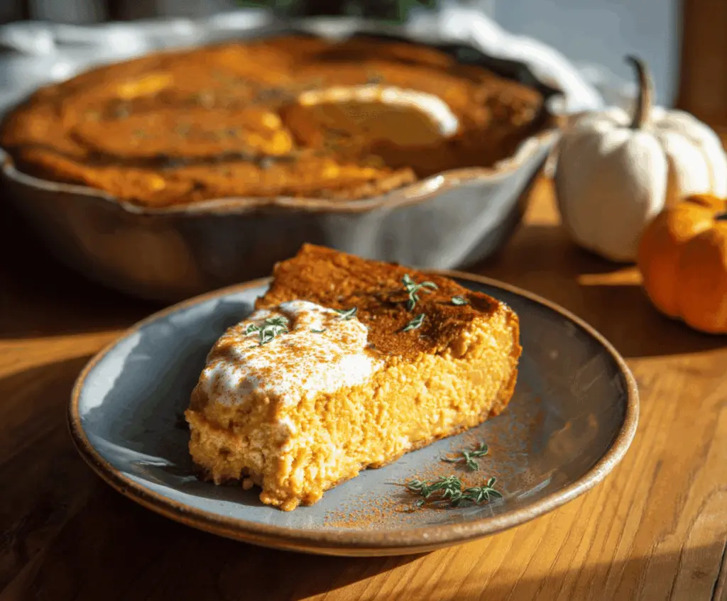 Creamy high-protein cottage cheese pumpkin bake topped with fresh herbs and spices, perfect for a healthy, flavorful meal