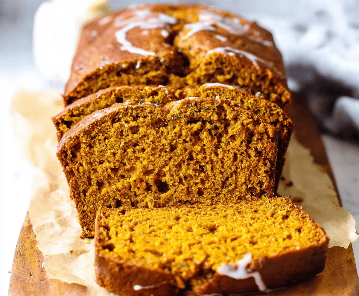 Creamy vanilla pudding topping on moist pumpkin bread garnished with cinnamon and powdered sugar, perfect for fall desserts.