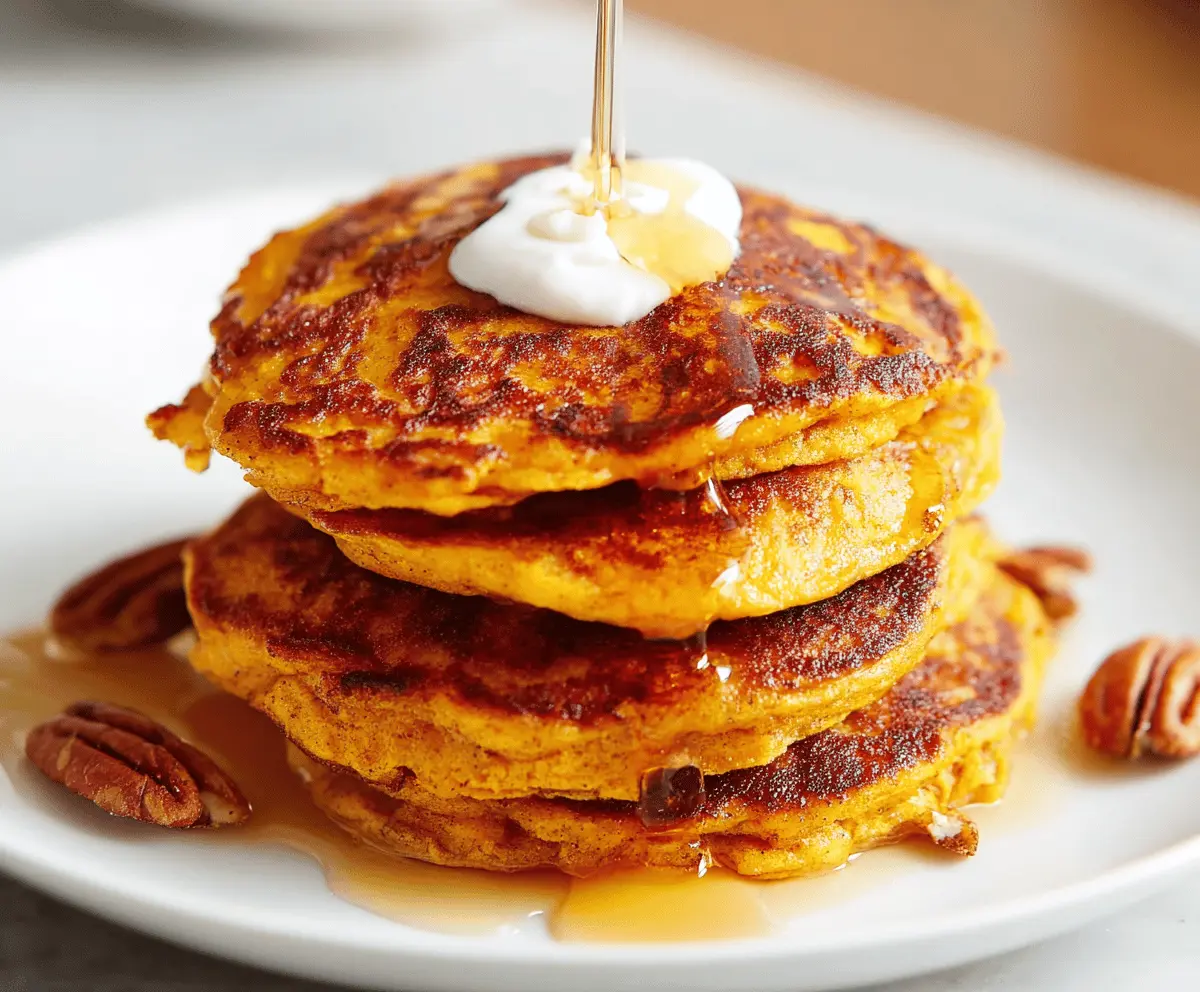 Delicious 2-ingredient sweet potato pancakes topped with maple syrup and fresh berries on a white plate.