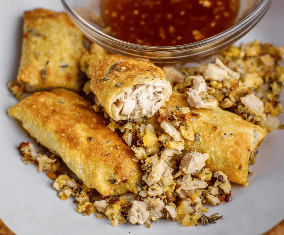 Delicious air fryer turkey egg rolls filled with Thanksgiving leftovers, crispy golden brown and perfect for a festive appetizer.