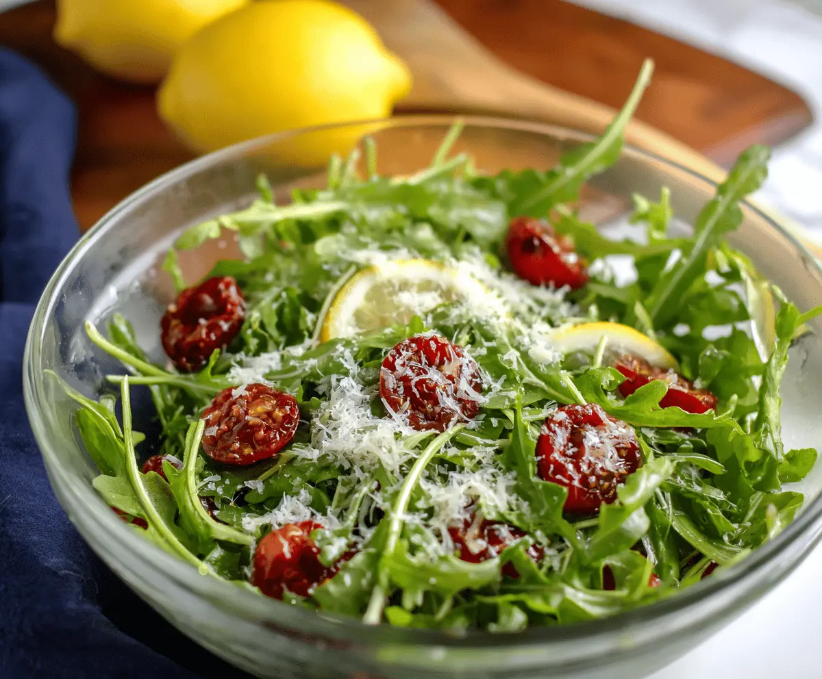 Fresh arugula salad topped with lemon vinaigrette dressing, served in a white bowl on a wooden table, perfect for a light and healthy meal.
