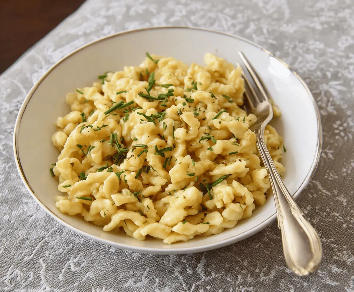Close-up of freshly cooked authentic German Spaetzle dumplings served on a rustic plate.