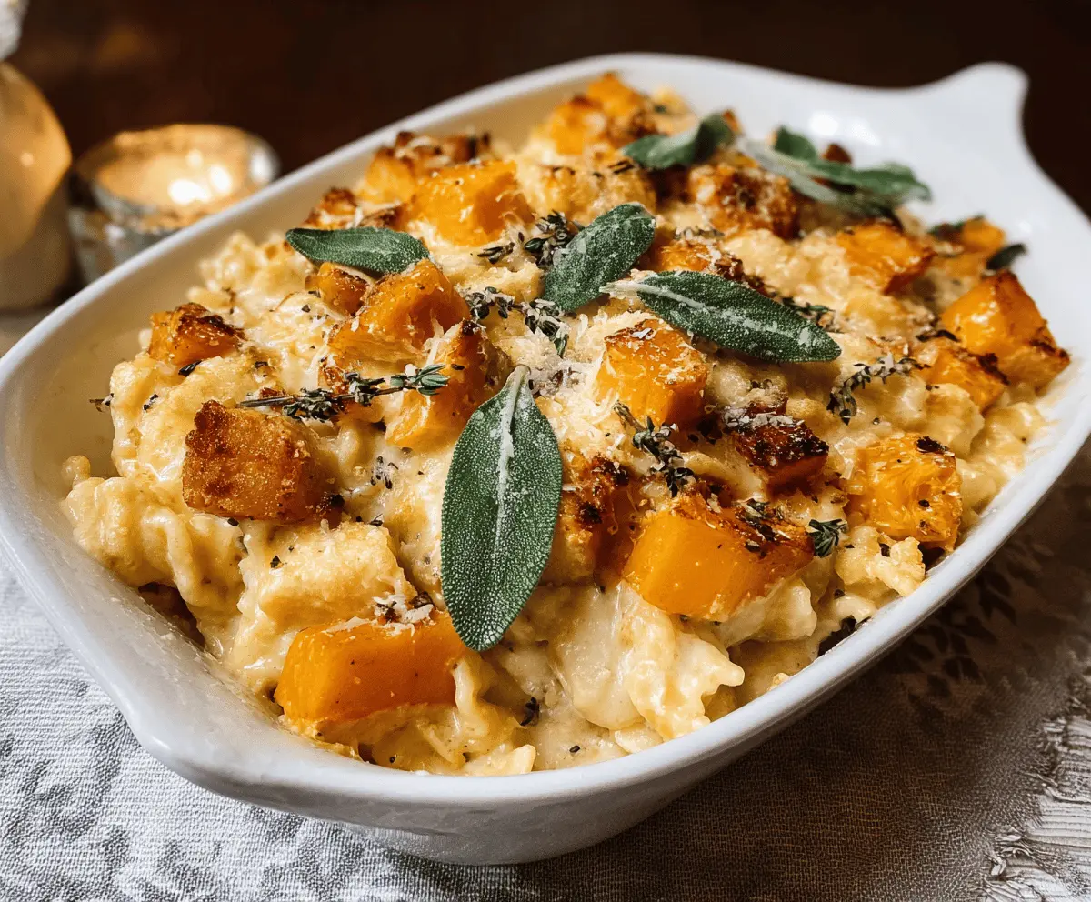 Creamy baked feta and roasted butternut squash pasta topped with crispy sage leaves, perfect for a cozy dinner.