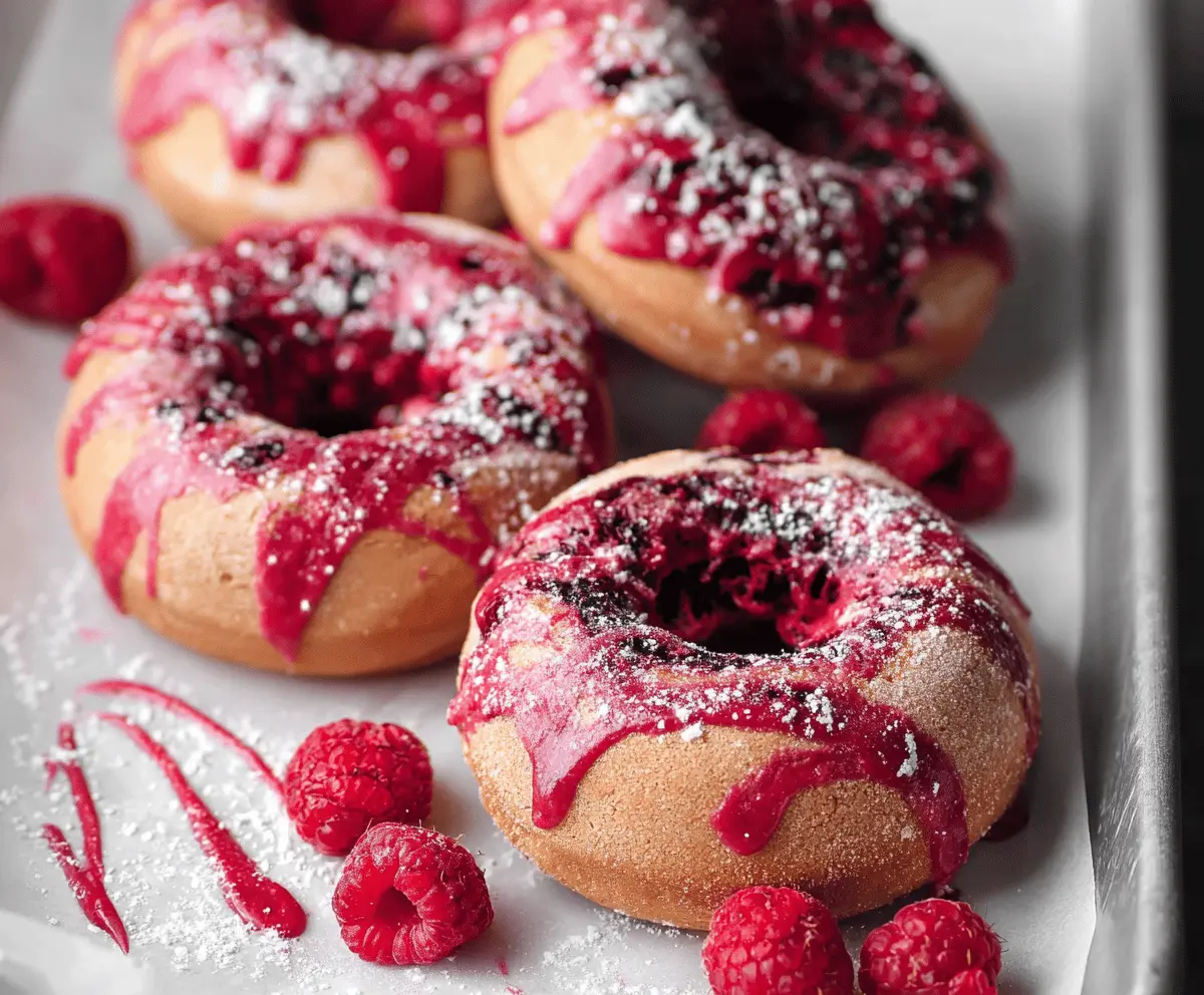 Delicious baked raspberry donuts with glazed topping on a rustic wooden plate, showcasing vibrant red raspberries and a golden-brown exterior.