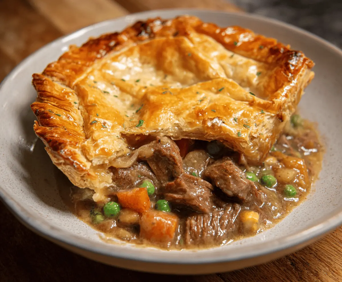 Delicious homemade beef pot pie with golden crust and savory meat filling