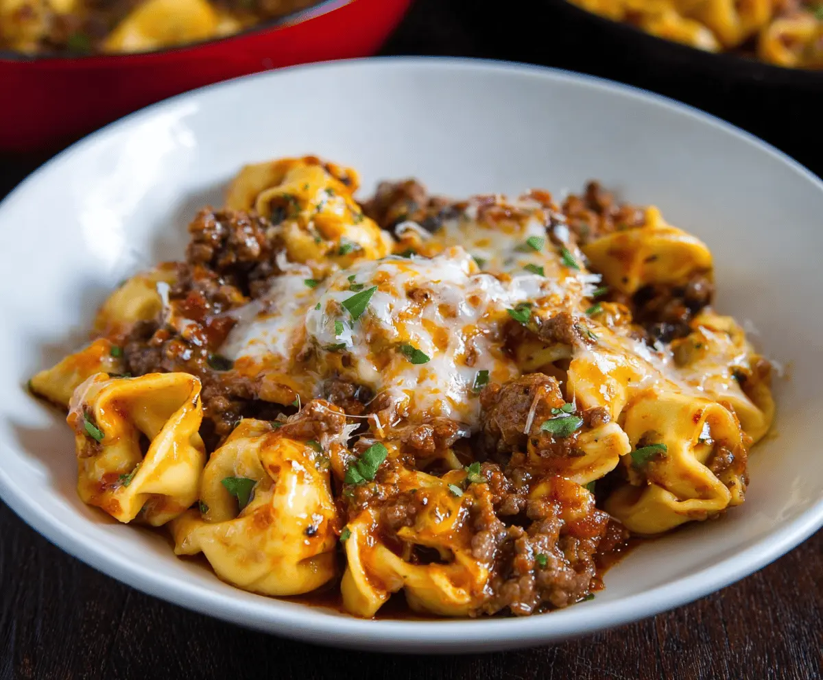 Delicious cheesy beef tortellini pasta dish garnished with fresh herbs, perfect for a hearty meal.