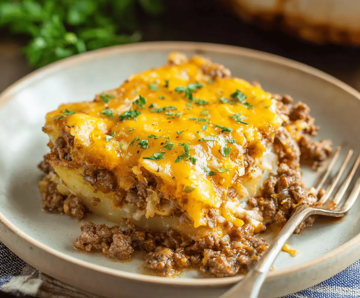 Delicious cheesy ground beef and potato casserole topped with melted cheese and fresh herbs.