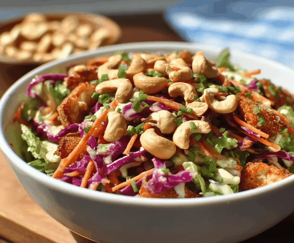 Fresh Chicken Cashew Crunch Salad with mixed greens, crunchy cashews, and colorful vegetables in a light dressing.