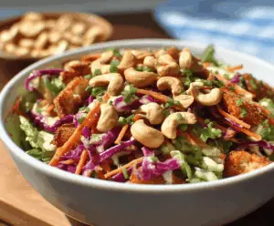 Fresh Chicken Cashew Crunch Salad with mixed greens, crunchy cashews, and colorful vegetables in a light dressing.