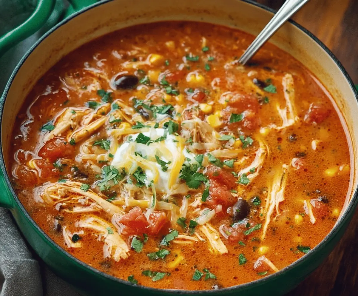 Creamy chicken enchilada soup garnished with cheese, cilantro, and tortilla chips in a bowl, perfect for a flavorful and comforting meal.