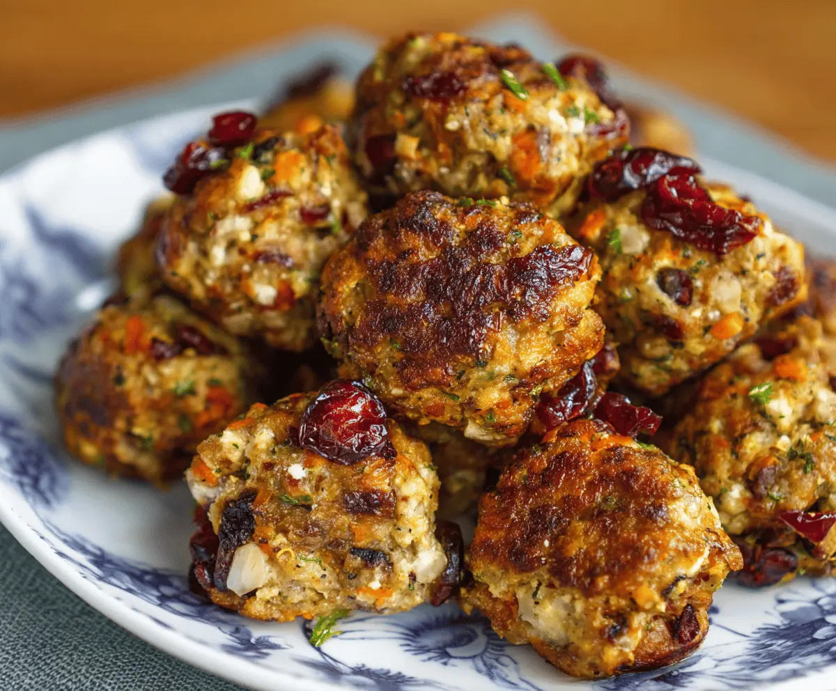 Delicious Cranberry Turkey Stuffing Balls arranged on a plate, perfect for festive holiday meals