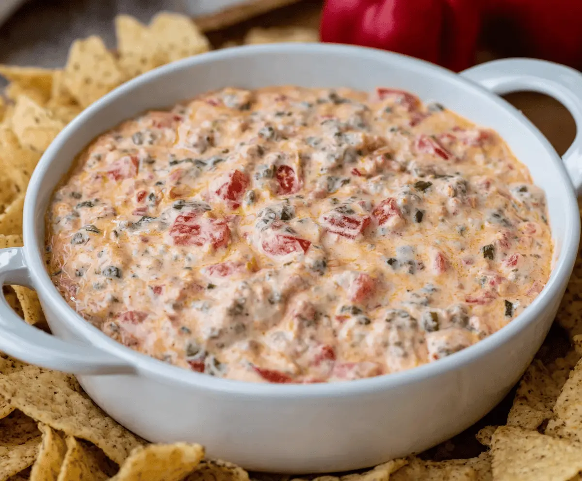 Cream Cheese Rotel Dip with melted cheese and diced tomatoes in a serving bowl